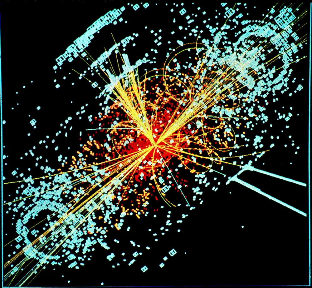 A simulated Higgs event in the CMS detector. Particle tracks turn invisible interactions into evidence.