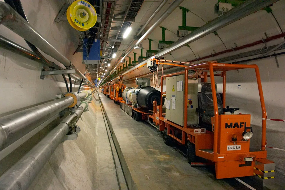 The LHC tunnel at CERN, photographed in 2004. A view of the infrastructure behind high-energy research.